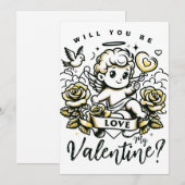 黄色いバラとハトのバレンタインデーのキューピッド シーズンカード (正面/裏面)