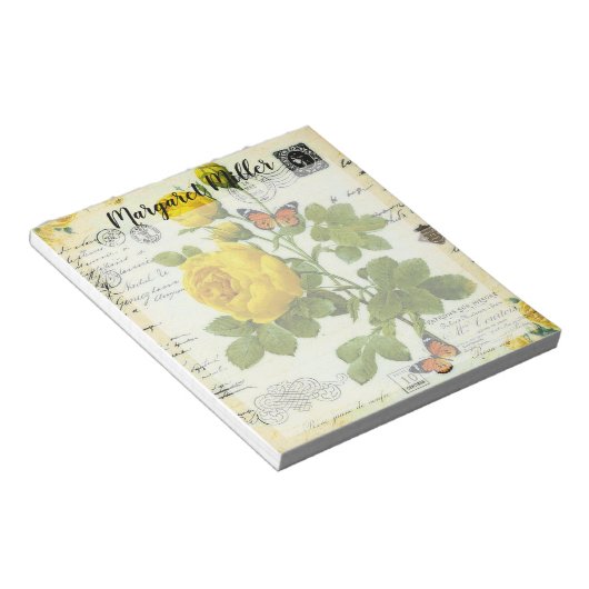 黄色いバラと蝶パーソナライズされた ノートパッド (アングル)