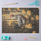 黄色いバラの油絵に映えるまだら模様の雌鳥 薄葉紙 (クラフト)