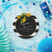 黄色いバラオンブラック&ホワイトストライプ ペーパープレート (パーティー)