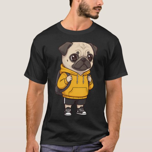 黄色いパーカーを着たかわいいリュックパグ Tシャツ (正面)