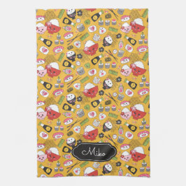 黄色いパーソナライズされたすし可愛い柄 キッチンタオル