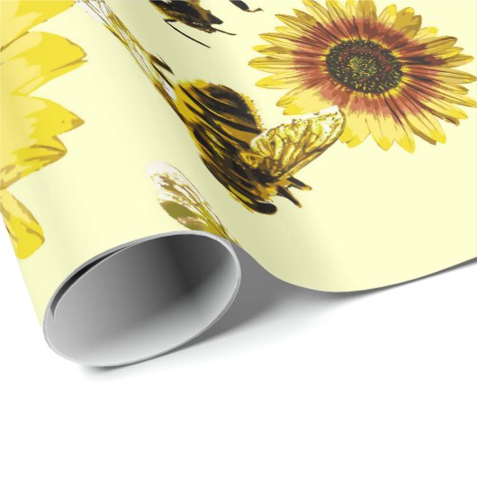 黄色いヒマワリおよび蜂蜜の蜂の夏パターン ラッピングペーパー (ロールコーナー)
