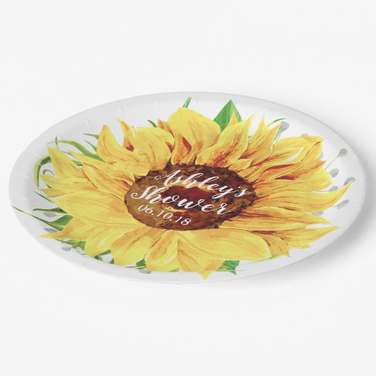 黄色いヒマワリのパーソナライズなブライダルシャワー ペーパープレート (アングル)