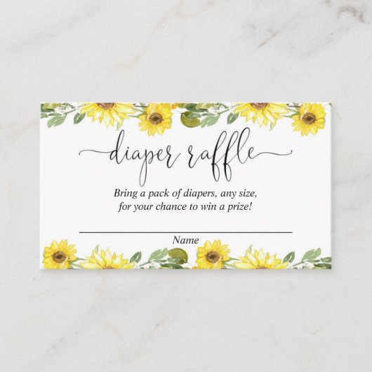 黄色いヒマワリのベビーシャワーのおむつのラッフルカード エンクロージャーカード (正面)