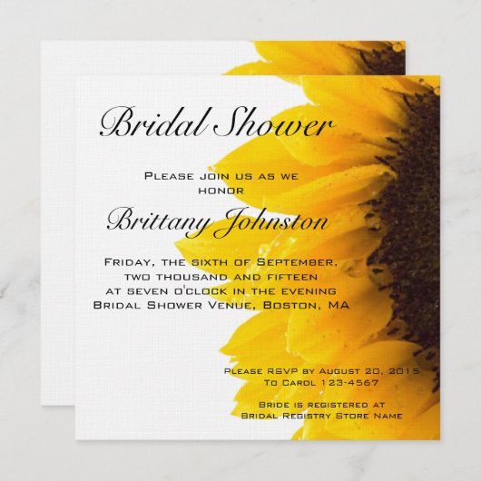 黄色いヒマワリの写真のブライダルシャワーの招待状 招待状 (正面/裏面)