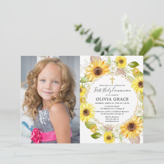 黄色いヒマワリの最初聖餐式の写真 招待状 (スタンド正面)