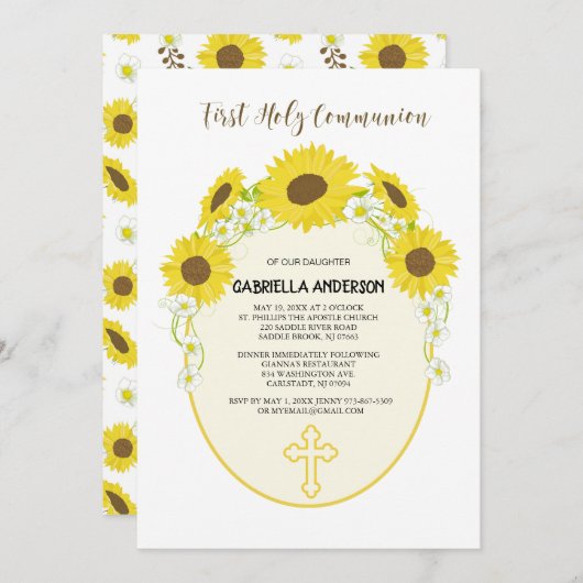 黄色いヒマワリの最初聖餐式の招待状 招待状 (正面/裏面)