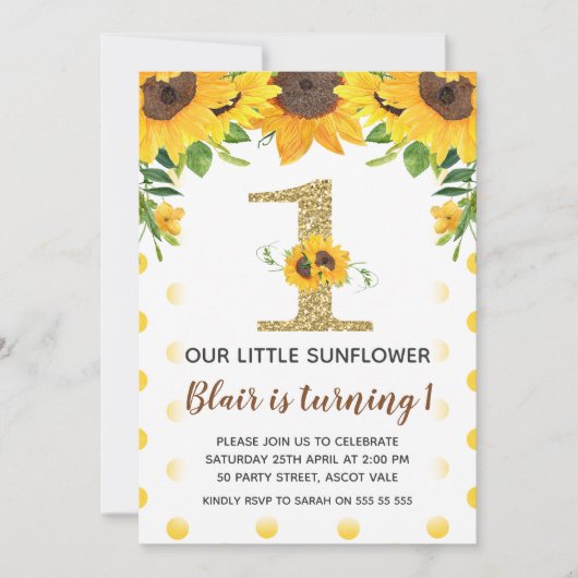 黄色いヒマワリの最初誕生日の招待状の女の子 招待状 (正面)
