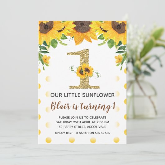 黄色いヒマワリの最初誕生日の招待状の女の子 招待状 (スタンド正面)