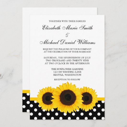 黄色いヒマワリの白くおよび黒い水玉模様の結婚式 招待状 (正面/裏面)