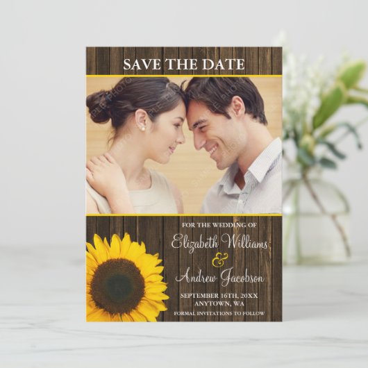 黄色いヒマワリの納屋の木製の写真の保存日付 セーブザデート (スタンド正面)
