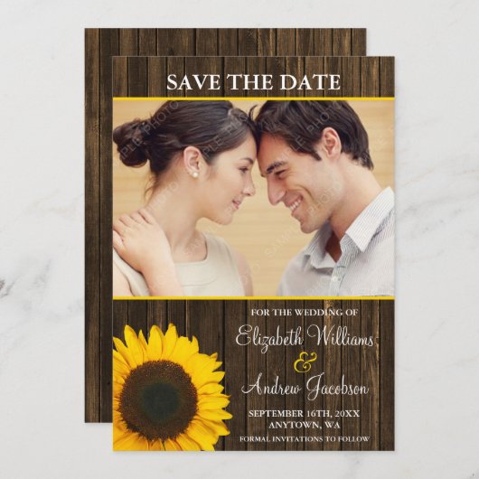 黄色いヒマワリの納屋の木製の写真の保存日付 セーブザデート (正面/裏面)