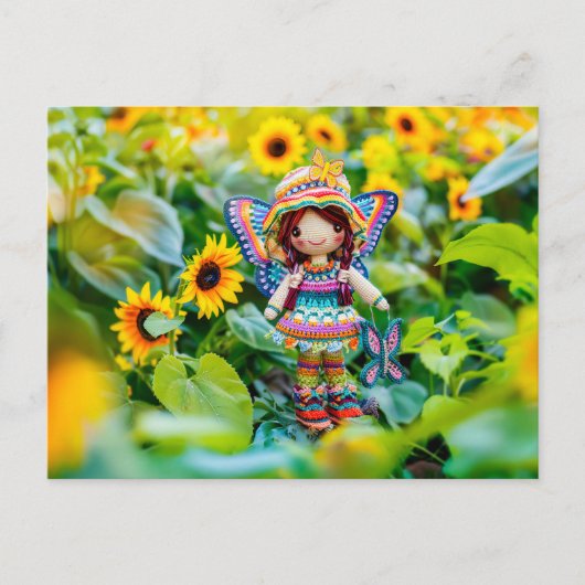 黄色いヒマワリを持つクロアチアの妖精 シーズンポストカード (正面)