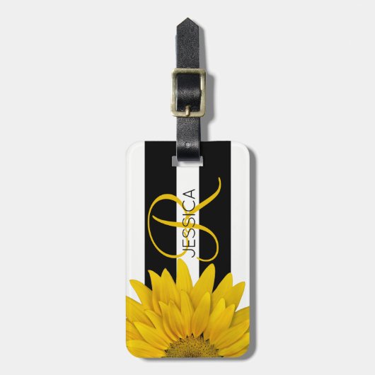 黄色いヒマワリモノグラムのな黒い及び白のストライプ ラゲッジタグ (正面縦)