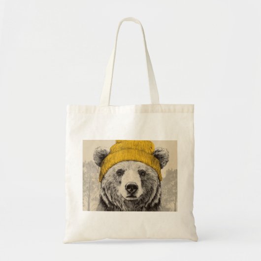 黄色いビーニーを被ったクマの森の動物 トートバッグ (正面)