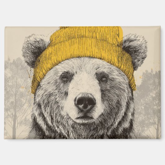 黄色いビーニーを被ったクマの森の動物 マグネット (正面)