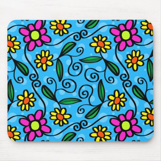 黄色いピンクのデイジー、青い背景の花 マウスパッド (正面)