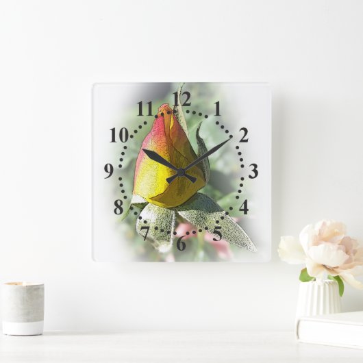 黄色いピンクのバラ スクエア壁時計 (ホーム)