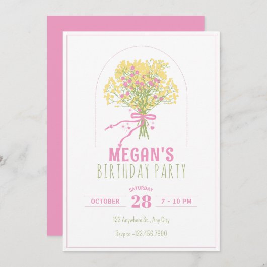 黄色いピンクの花束誕生日 招待状 (正面/裏面)