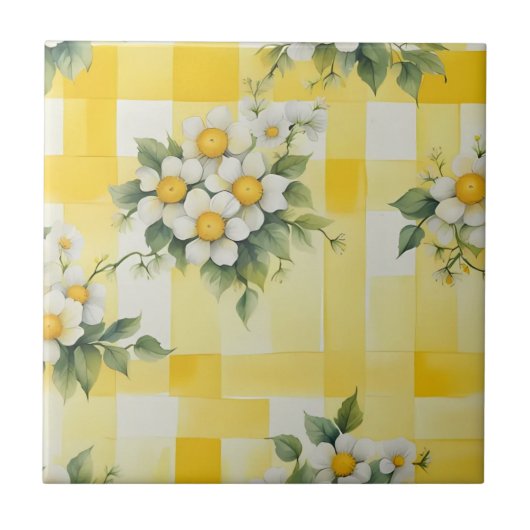 黄色いファームハウスチェック柄の白と黄色の花 タイル (正面)