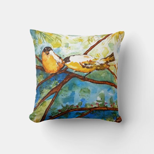 黄色いフィンチの水彩画の芸術のデザインの枕16x16 クッション (正面)