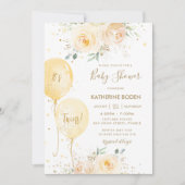 黄色いフローラ風船中立ツインズベビーシャワー 招待状 (正面)