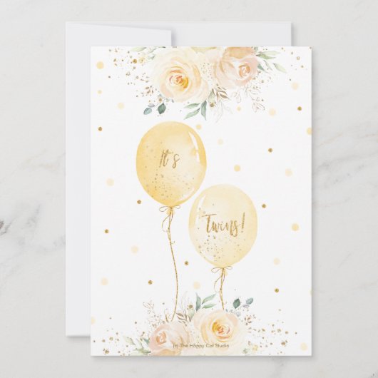 黄色いフローラ風船中立ツインズベビーシャワー 招待状 (裏面)