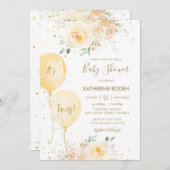 黄色いフローラ風船中立ツインズベビーシャワー 招待状 (正面/裏面)