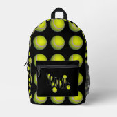 黄色いフワフワのテニスボールを黒に プリントバックパック (正面)