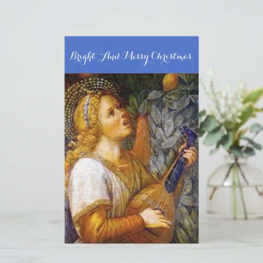 黄色いブルーのクリスマスエンジェルを作る金ゴールド 便箋 (スタンド正面)