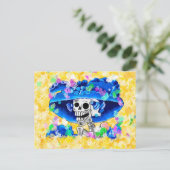 黄色いボンネットで笑う骸骨女 ポストカード (スタンド正面)