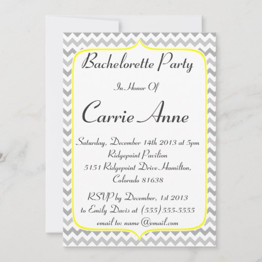 黄色いボーダーおよびシェブロンの灰色のバチェロレッテ 招待状 (正面)