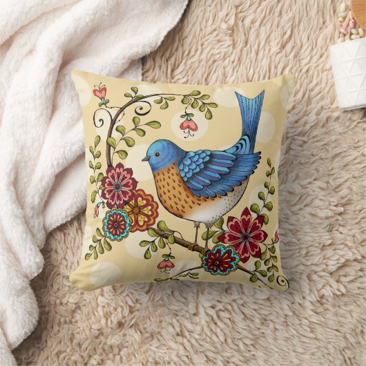 黄色いポルカドットの装飾用クッションを持つブルーバード クッション (ブランケット)
