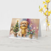 黄色いマフラーとクリスマスツリーの愛らしい子犬 カード (黄色い花)