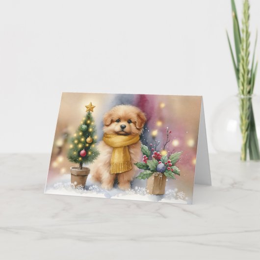 黄色いマフラーとクリスマスツリーの愛らしい子犬 カード (正面)