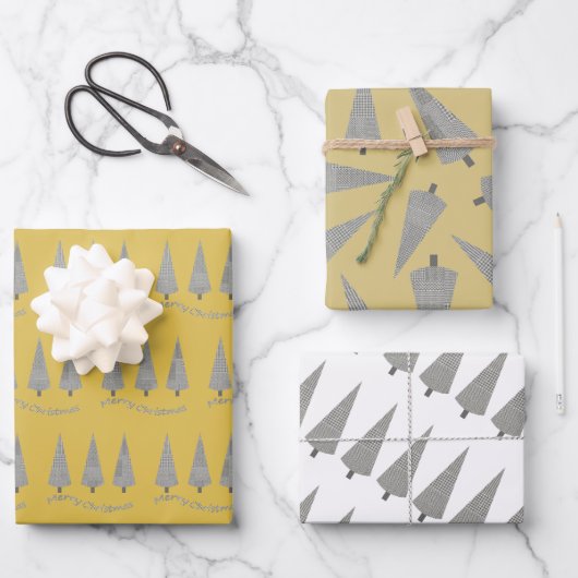 黄色いメリークリスマス千鳥格子のの木のパターン ラッピングペーパーシート (正面)