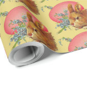 黄色いラッピング紙にピンクのイースターエッグとバニー ラッピングペーパー (ロールコーナー)