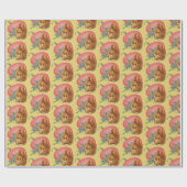 黄色いラッピング紙にピンクのイースターエッグとバニー ラッピングペーパー (フラット)