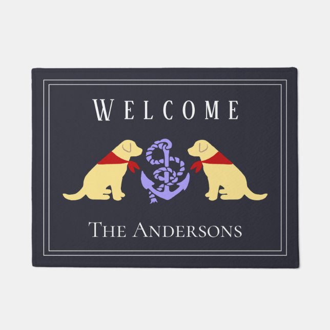 黄色いラブラドールおよびいかりの航海のな玄関マット ドアマット (正面)