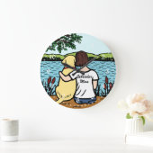 黄色いラブラドールおよびお母さん2 ラージ壁時計 (ホーム)