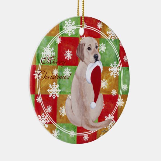 黄色いラブラドールのクリスマスのサンタの帽子の雪片 セラミックオーナメント (右)