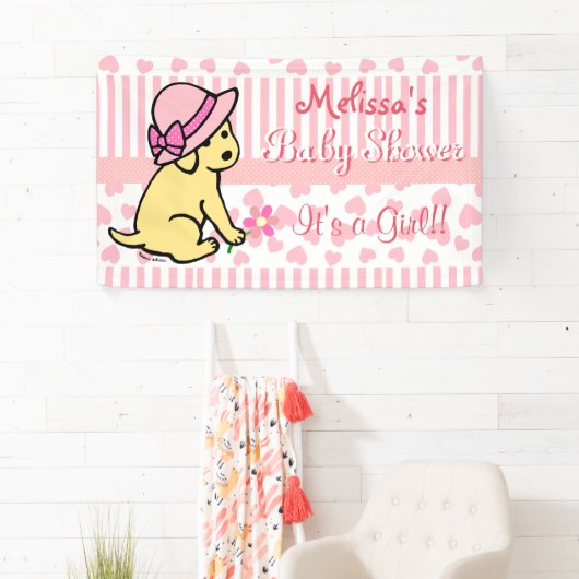 黄色いラブラドールのピンクの女の子のベビーシャワーの旗 横断幕 (インサイチュ)
