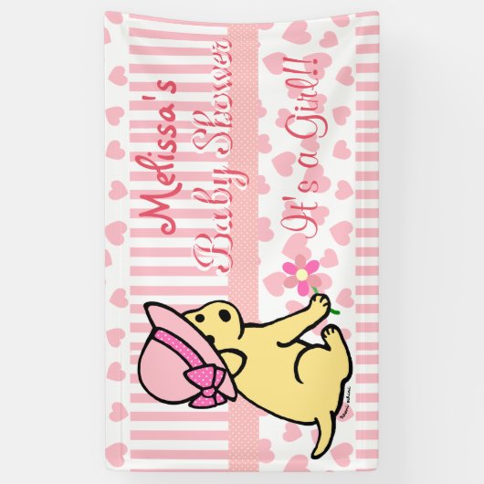 黄色いラブラドールのピンクの女の子のベビーシャワーの旗 横断幕 (縦)