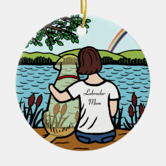 黄色いラブラドールの天使およびお母さん1 セラミックオーナメント