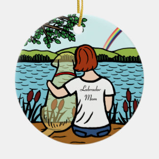 黄色いラブラドールの天使およびお母さん2 セラミックオーナメント