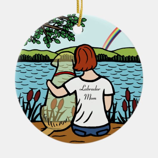 黄色いラブラドールの天使およびお母さん2 セラミックオーナメント (正面)