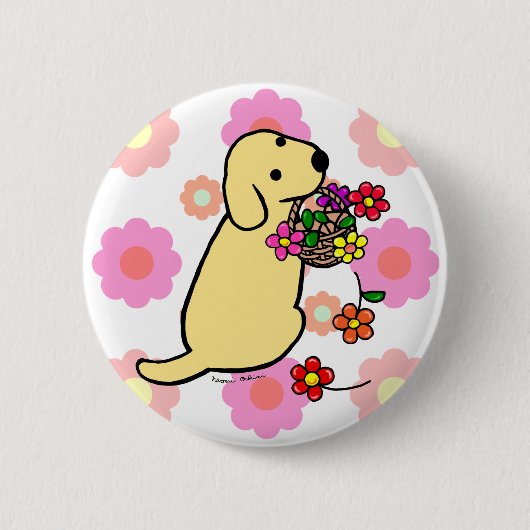 黄色いラブラドールの子犬の花のバスケットの漫画 缶バッジ (正面)