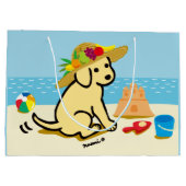 黄色いラブラドールの子犬の麦わら帽子の漫画 ラージペーパーバッグ (裏面)