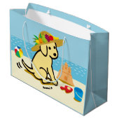 黄色いラブラドールの子犬の麦わら帽子の漫画 ラージペーパーバッグ (裏面アングル)